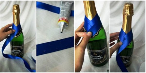 Как украсить шампанское своими руками: атласными лентами, полимерной глиной. Как украсить шампанское на свадьбу своими руками